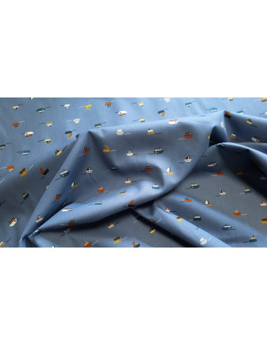 Popeline de coton, bateaux, bleus