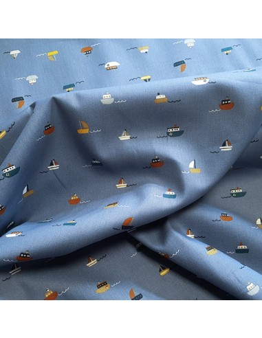 Tissu, Popeline de Coton, Bateaux Bleus, Laize 148 cm, 100% Coton 192.4g/m²