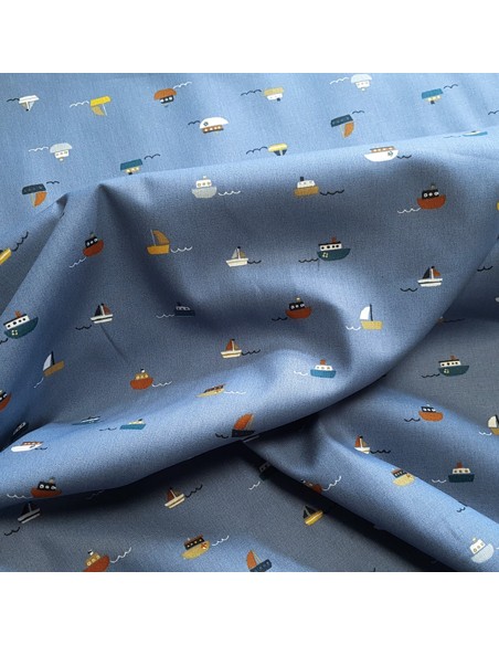 Tissu, Popeline de Coton, Bateaux Bleus, Laize 148 cm, 100% Coton 192.4g/m²