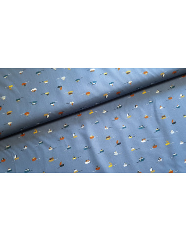 Popeline de coton, bateaux, bleus