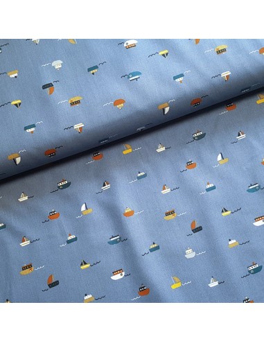 Tissu, Popeline de Coton, Bateaux Bleus, Laize 148 cm, 100% Coton 192.4g/m²