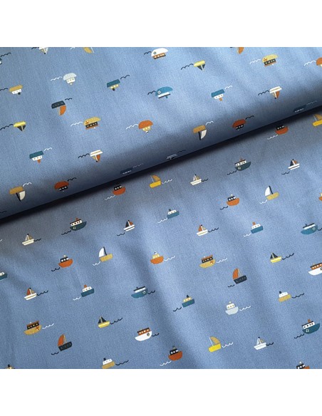 Tissu, Popeline de Coton, Bateaux Bleus, Laize 148 cm, 100% Coton 192.4g/m²
