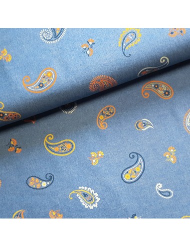 Tissu, Chambray de Coton, Motifs Cachemire Orange Brûlé, Laize 145 cm, 100% Coton 174g/ml