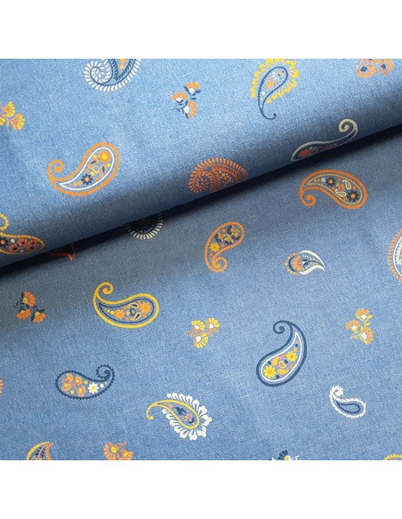 Tissu, Chambray de Coton, Motifs Cachemire Orange Brûlé, Laize 145 cm, 100% Coton 174g/ml