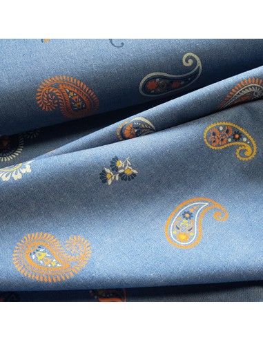Tissu, Chambray de Coton, Motifs Cachemire Orange Brûlé, Laize 145 cm, 100% Coton 174g/ml