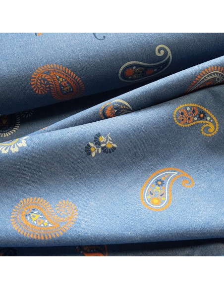 Tissu, Chambray de Coton, Motifs Cachemire Orange Brûlé, Laize 145 cm, 100% Coton 174g/ml