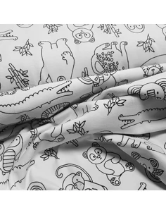 Tissu, Jersey de Coton Imprimé Animaux du Zoo, Fond Blanc, Laize 150 cm, Coton Stretch Oeko-Tex 2