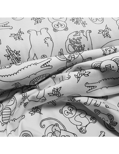Tissu, Jersey de Coton Imprimé Animaux du Zoo, Fond Blanc, Laize 150 cm, Coton Stretch Oeko-Tex