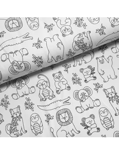 Tissu, Jersey de Coton Imprimé Animaux du Zoo, Fond Blanc, Laize 150 cm, Coton Stretch Oeko-Tex