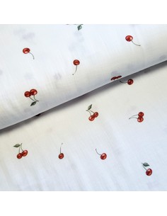 Tissu, Double Gaze Imprimée Cerises, Blanc, Laize 135 cm, 100% Coton 162g/ml