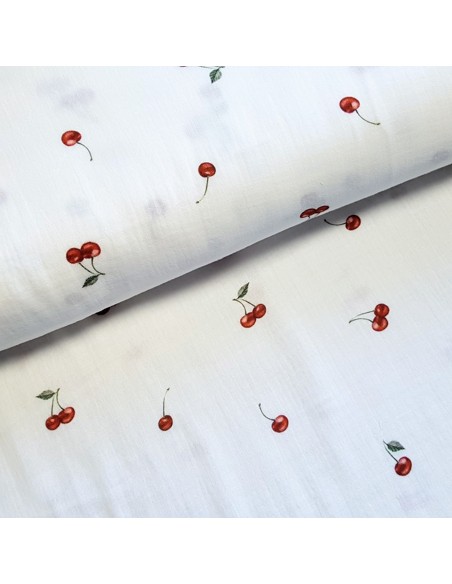 Tissu, Double Gaze Imprimée Cerises, Blanc, Laize 135 cm, 100% Coton 162g/ml