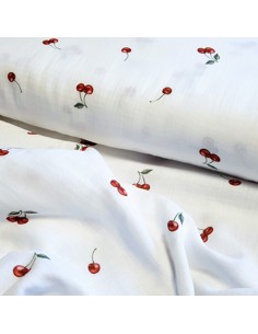 Tissu, Double Gaze Imprimée Cerises, Blanc, Laize 135 cm, 100% Coton 162g/ml 2
