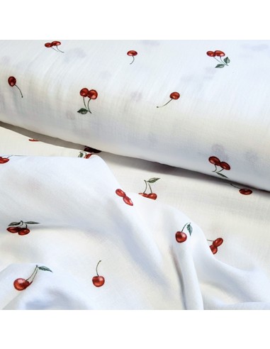 Tissu, Double Gaze Imprimée Cerises, Blanc, Laize 135 cm, 100% Coton 162g/ml