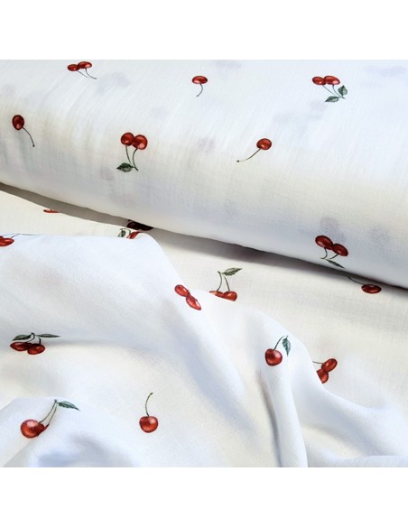 Tissu, Double Gaze Imprimée Cerises, Blanc, Laize 135 cm, 100% Coton 162g/ml