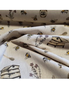 Tissu, Demi-Natté Imprimé Abeilles, Écru, Laize 140 cm, 80% Coton 20% Polyester 205g/m² 2