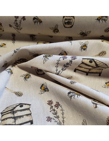 Tissu, Demi-Natté Imprimé Abeilles, Écru, Laize 140 cm, 80% Coton 20% Polyester 205g/m²