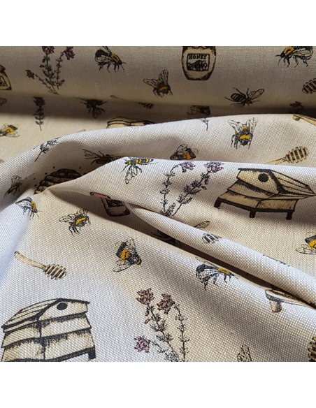 Tissu, Demi-Natté Imprimé Abeilles, Écru, Laize 140 cm, 80% Coton 20% Polyester 205g/m²