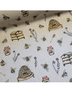 Tissu, Demi-Natté Imprimé Abeilles, Écru, Laize 140 cm, 80% Coton 20% Polyester 205g/m²