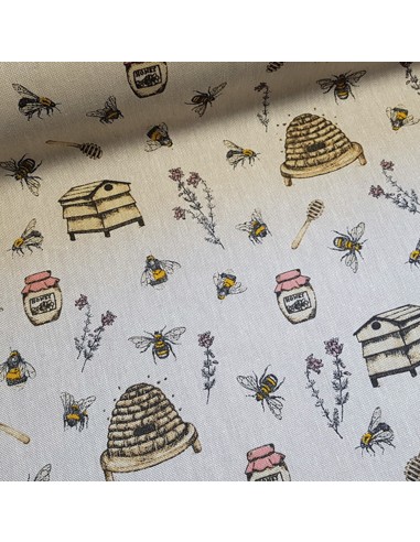 Tissu, Demi-Natté Imprimé Abeilles, Écru, Laize 140 cm, 80% Coton 20% Polyester 205g/m²