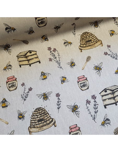 Tissu, Demi-Natté Imprimé Abeilles, Écru, Laize 140 cm, 80% Coton 20% Polyester 205g/m²