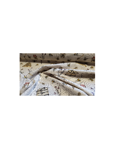 Tissu, Demi-Natté Imprimé Abeilles, Écru, Laize 140 cm, 80% Coton 20% Polyester 205g/m²