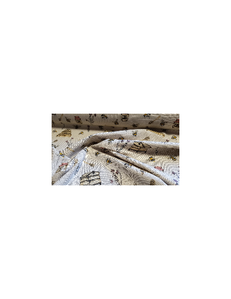 Tissu, Demi-Natté Imprimé Abeilles, Écru, Laize 140 cm, 80% Coton 20% Polyester 205g/m²