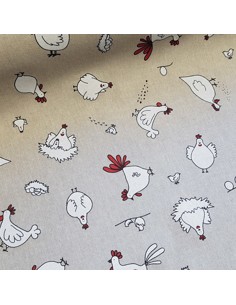 Tissu, Demi-Natté Motif Poules, Écru Naturel, Laize 140 cm, Bachette Coton Polyester 205g/m² 2