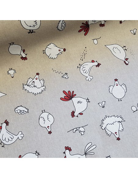 Tissu, Demi-Natté Motif Poules, Écru Naturel, Laize 140 cm, Bachette Coton Polyester 205g/m²