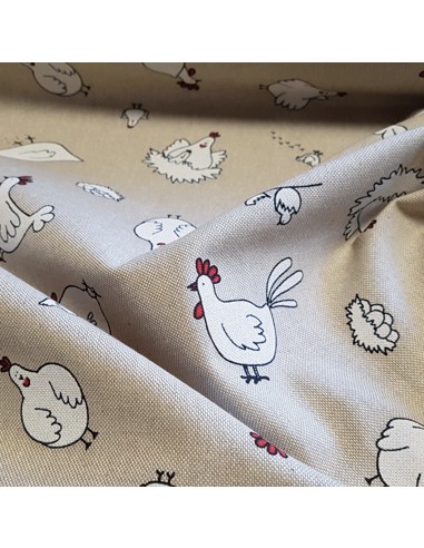 Tissu, Demi-Natté Motif Poules, Écru Naturel, Laize 140 cm, Bachette Coton Polyester 205g/m²