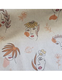 Tissu, Demi-natté Visages Féminins, Écru & Noir, Laize 140 cm, 80% Coton 20% Polyester