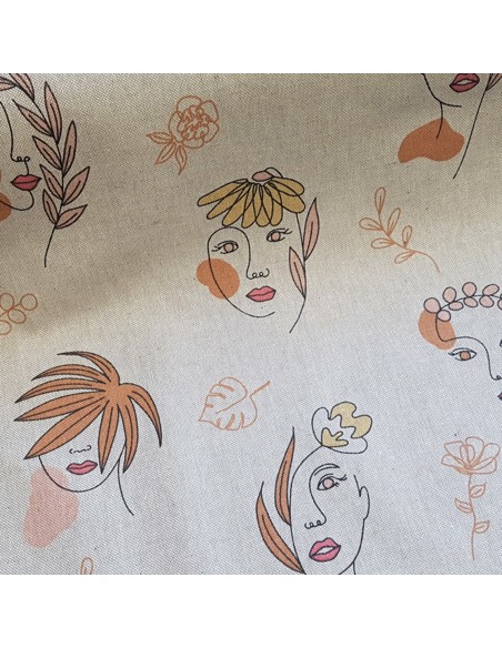 Tissu, Demi-natté Visages Féminins, Écru & Noir, Laize 140 cm, 80% Coton 20% Polyester