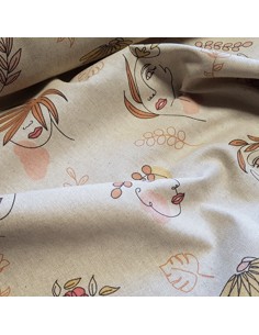 Tissu, Demi-natté Visages Féminins, Écru & Noir, Laize 140 cm, 80% Coton 20% Polyester 2