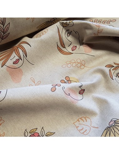 Tissu, Demi-natté Visages Féminins, Écru & Noir, Laize 140 cm, 80% Coton 20% Polyester