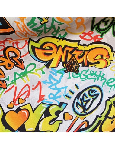 Tissu, Demi-natté Graffiti, Multicolore sur Fond Blanc, Laize 140 cm, Coton Polyester 205g/m²