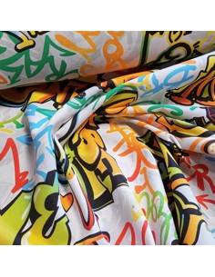 Tissu, Demi-natté Graffiti, Multicolore sur Fond Blanc, Laize 140 cm, Coton Polyester 205g/m² 2