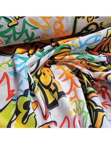 Tissu, Demi-natté Graffiti, Multicolore sur Fond Blanc, Laize 140 cm, Coton Polyester 205g/m²