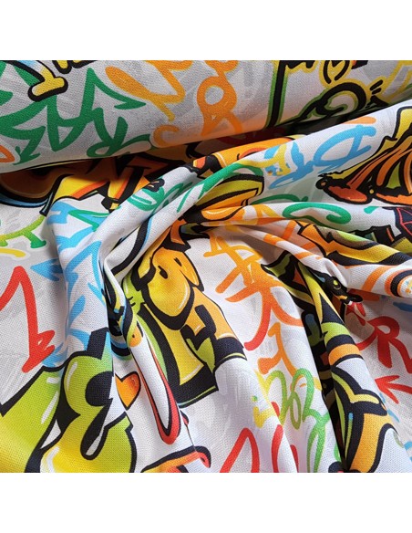 Tissu, Demi-natté Graffiti, Multicolore sur Fond Blanc, Laize 140 cm, Coton Polyester 205g/m²