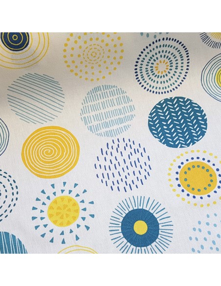 Tissu, Demi-natté Cercles, Bleus et Jaunes sur fond Blanc, Laize 140 cm, 80% Coton 20% Polyester