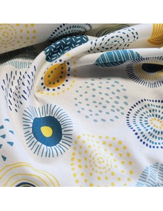 Tissu, Demi-natté Cercles, Bleus et Jaunes sur fond Blanc, Laize 140 cm, 80% Coton 20% Polyester 2