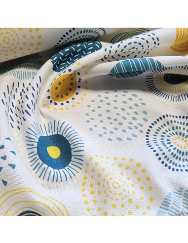 Tissu, Demi-natté Cercles, Bleus et Jaunes sur fond Blanc, Laize 140 cm, 80% Coton 20% Polyester