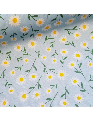 Tissu, Demi-Natté Pâquerettes, Bleu Ciel, Laize 140 cm, 80% Coton 20% Polyester 205g/m²