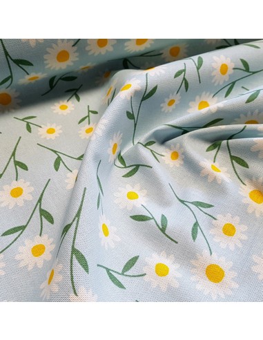 Tissu, Demi-Natté Pâquerettes, Bleu Ciel, Laize 140 cm, 80% Coton 20% Polyester 205g/m²