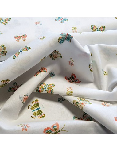 Tissu, Popeline de Coton Papillons, Fond Blanc, Laize 140 cm, 100% Coton 161g/m²
