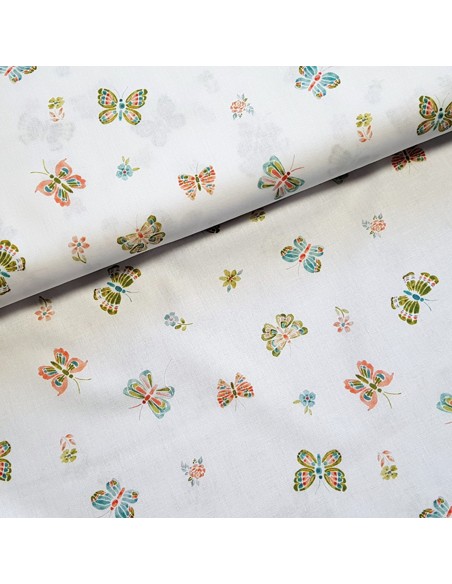 Tissu, Popeline de Coton Papillons, Fond Blanc, Laize 140 cm, 100% Coton 161g/m²
