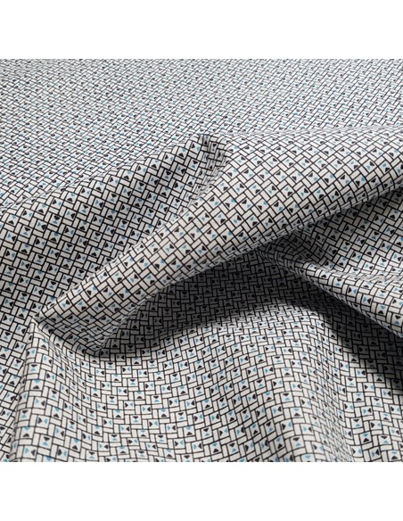Tissu, Popeline de Coton Carrés Géométriques, Bleus et Blancs, Laize 150 cm, 100% Coton