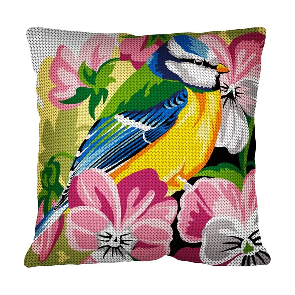 Kit de coussin canevas à motif de mésange bleue et fleurs