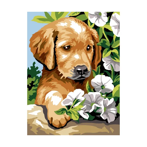 Canevas à broder représentant un chien et des fleurs blanches