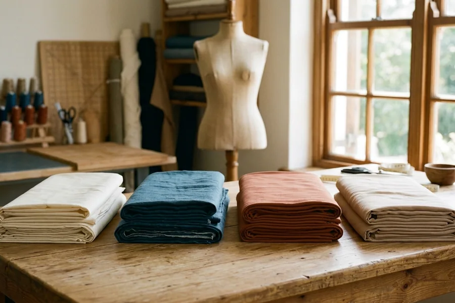 Rayons de tissus d'habillement pliés par coloris dans la boutique
