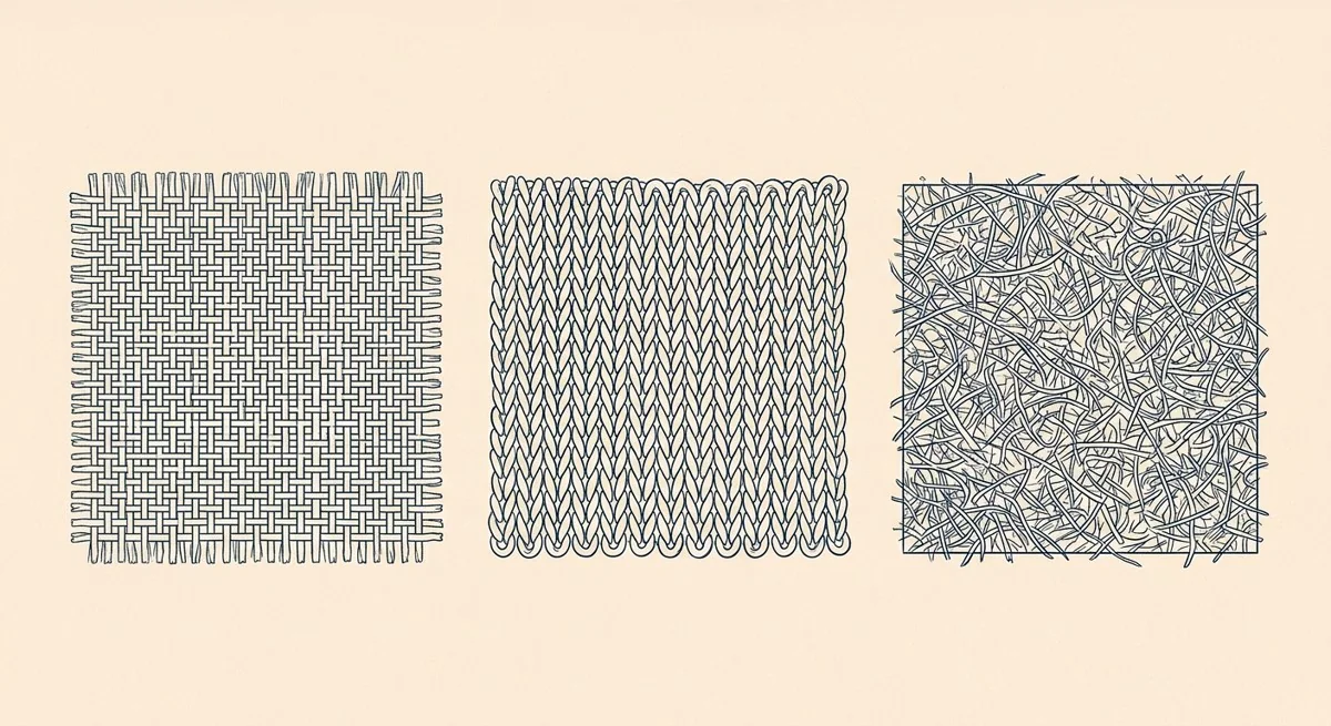 Trois échantillons de matière : tissé entrecroisé, maille bouclée, non-tissé en fibres enchevêtrées