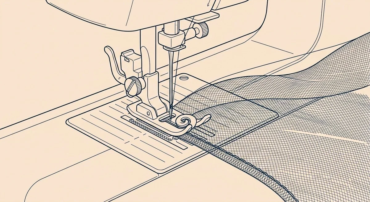 Aiguille de machine formant un ourlet roulotté très fin sur le bord d'un tulle